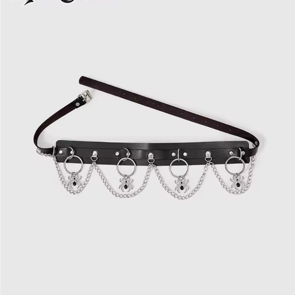 Black Leather Belt with Silver Chains - Picture 2 of 5